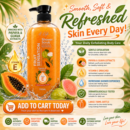 A-Life Fruit Sensation Shower Scrub Papaya & Guava 700ml Exfoliate & Rejuvenate