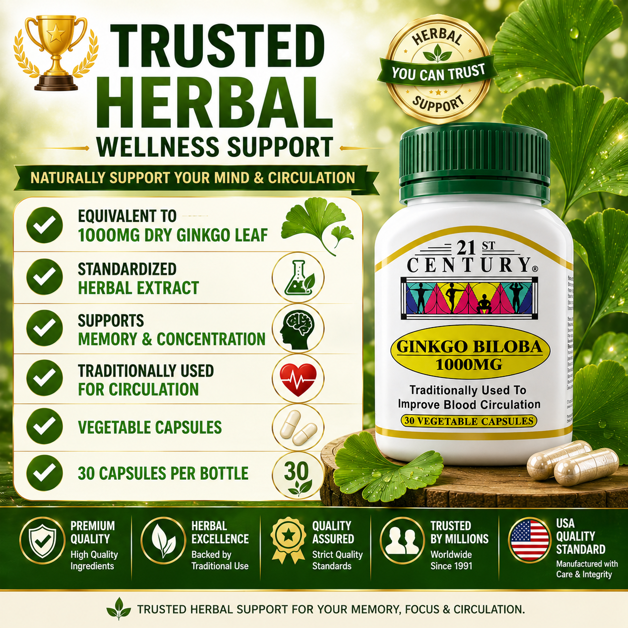21st Century Ginkgo Biloba 1000mg | Blood Circulation & Brain Support Supplement