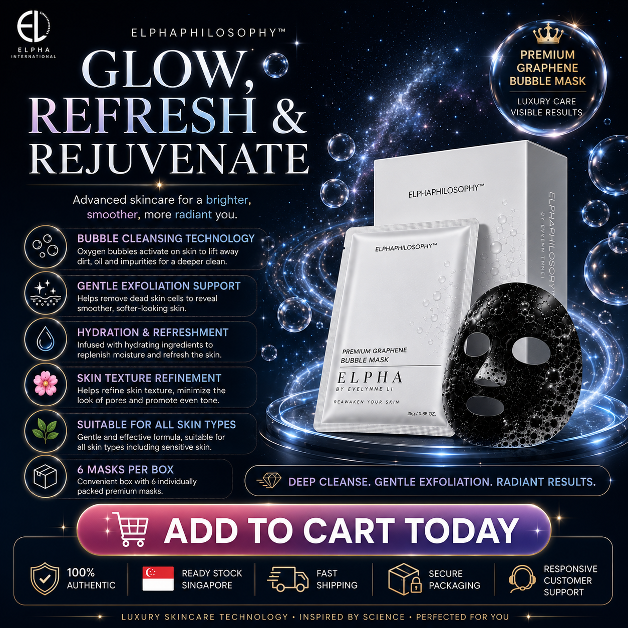 ELPHA Premium Bubble Mask Graphene Exfoliation 6s | All Skin Types