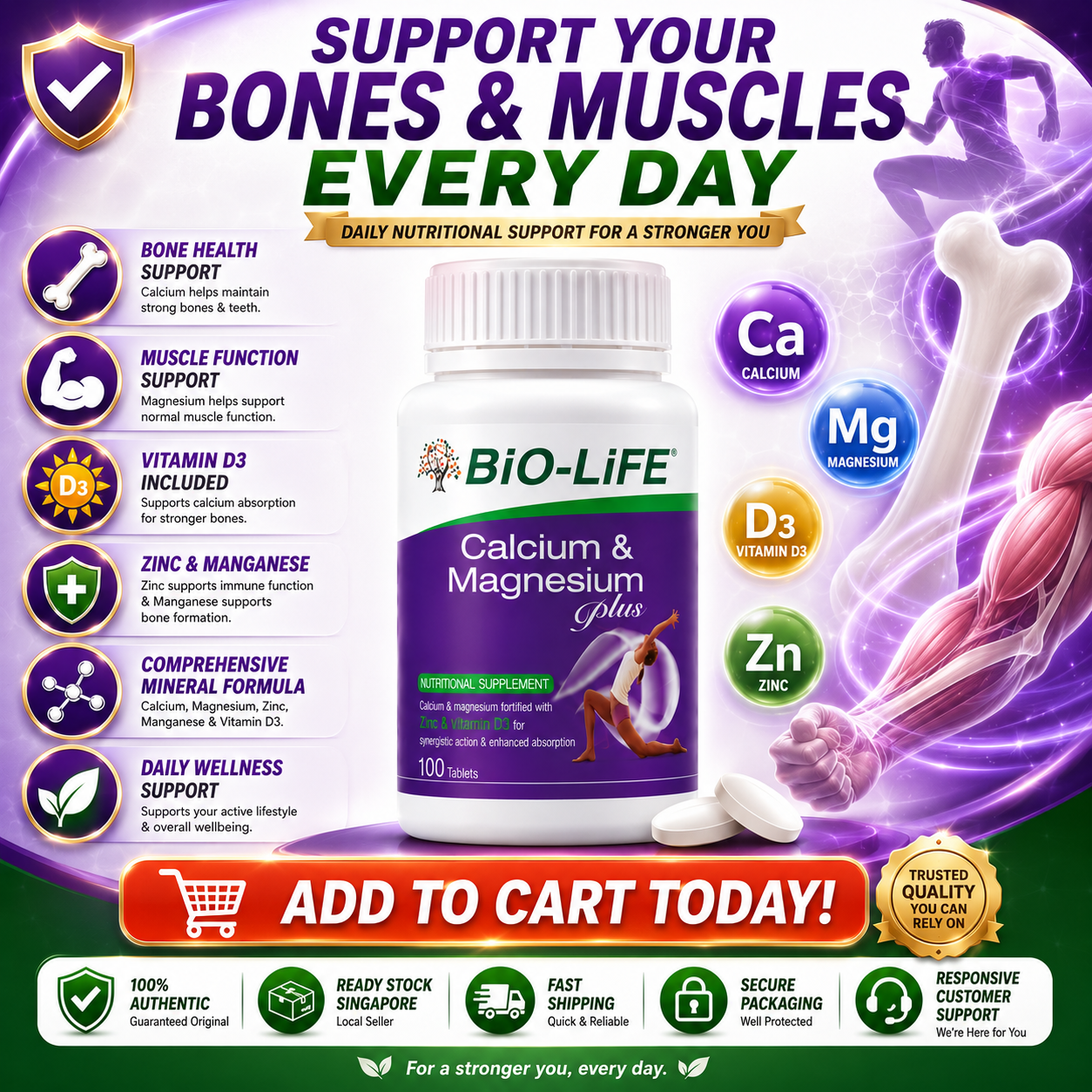 Bio-Life Calcium And Magnesium Plus 100 Tablets | Bone And Muscle Support