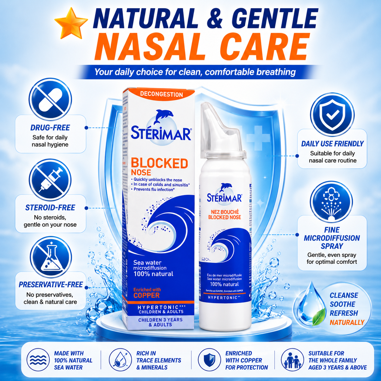 Stérimar Blocked Nose Hypertonic Nasal Spray 100ml | Fast Decongestion Relief