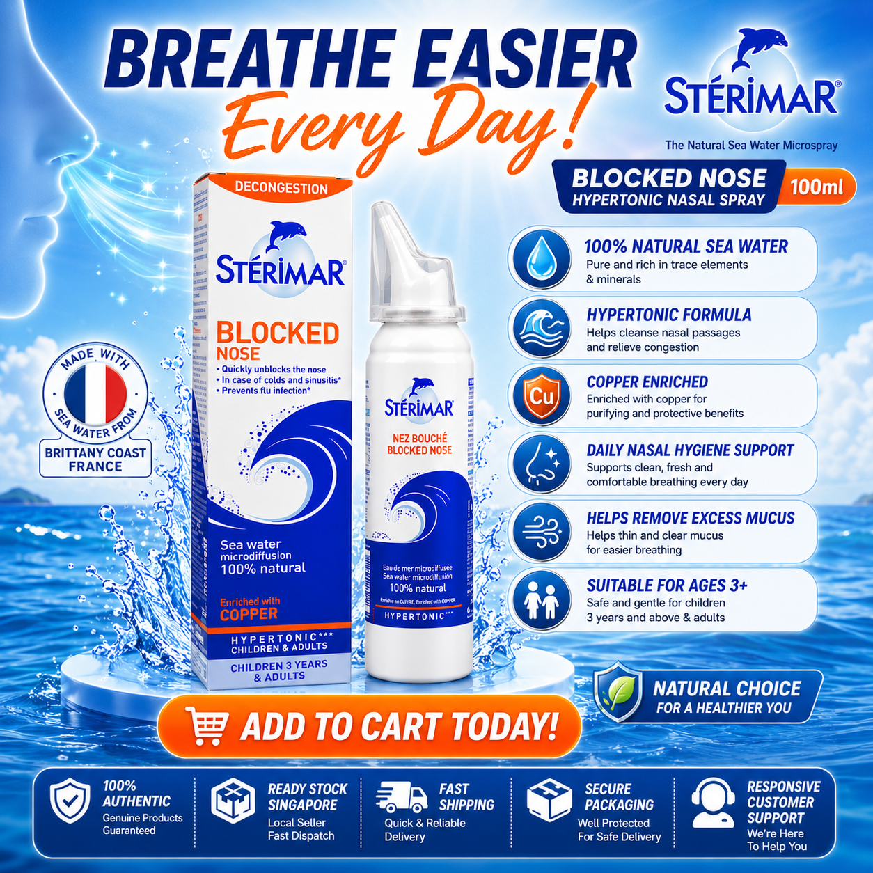 Stérimar Blocked Nose Hypertonic Nasal Spray 100ml | Fast Decongestion Relief