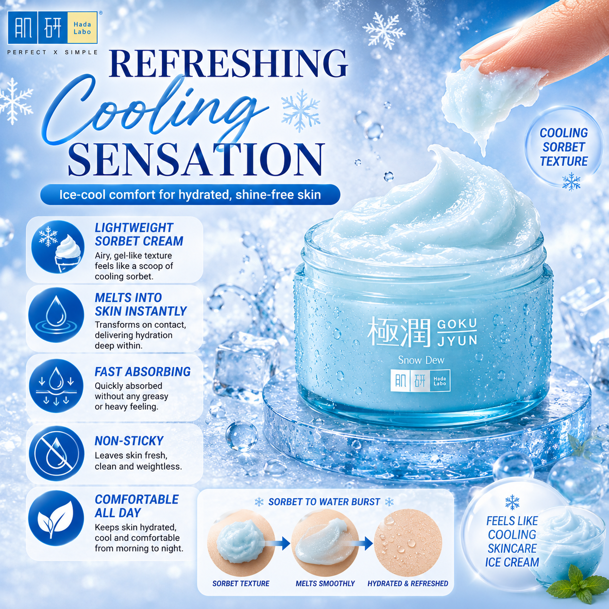 Hada Labo Gokujyun Sorbet Hydrating Snow Dew Cream 50g | Instant Refreshing Feel