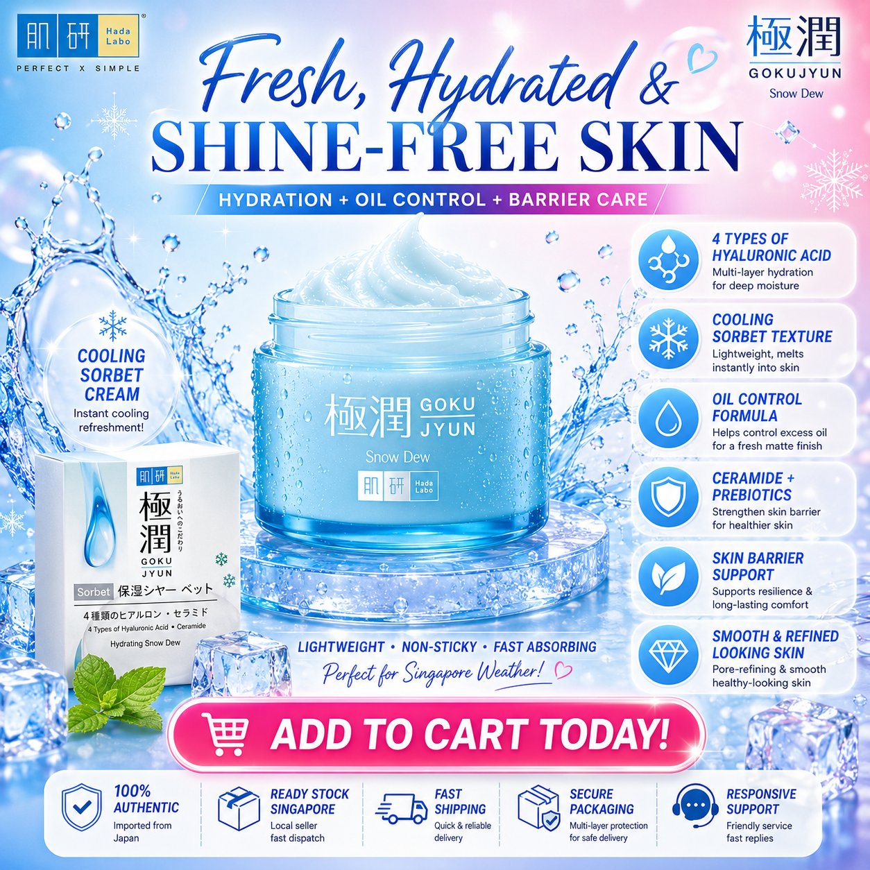 Hada Labo Gokujyun Sorbet Hydrating Snow Dew Cream 50g | Instant Refreshing Feel
