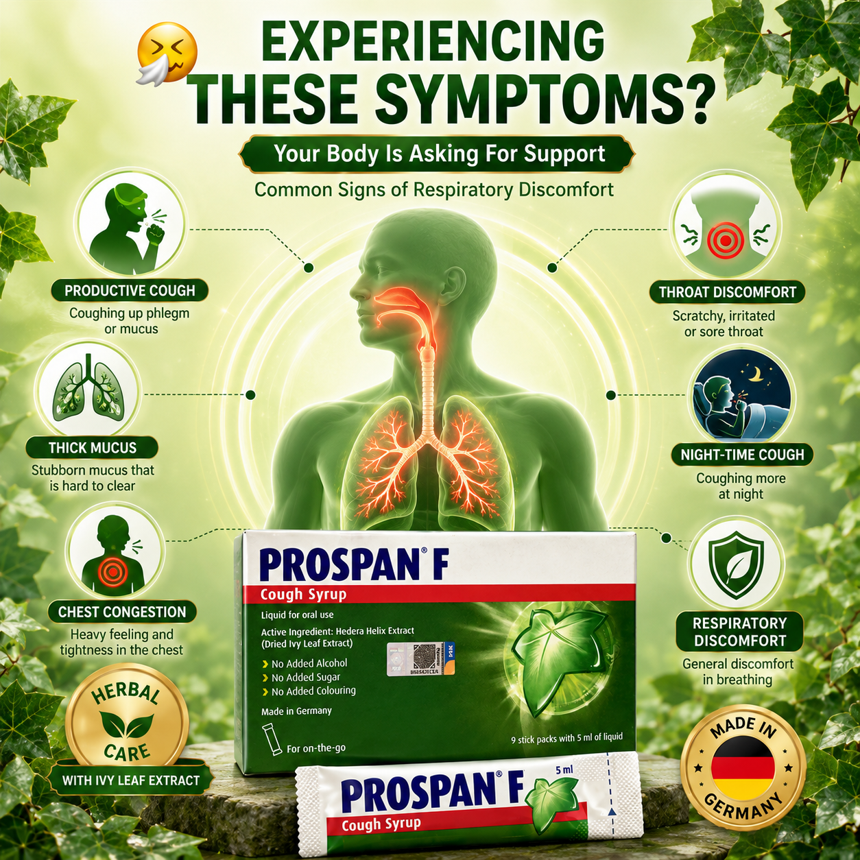 PROSPAN F Cough Syrup Stick Packs 9×5ml | Ivy Leaf Extract | No Alcohol