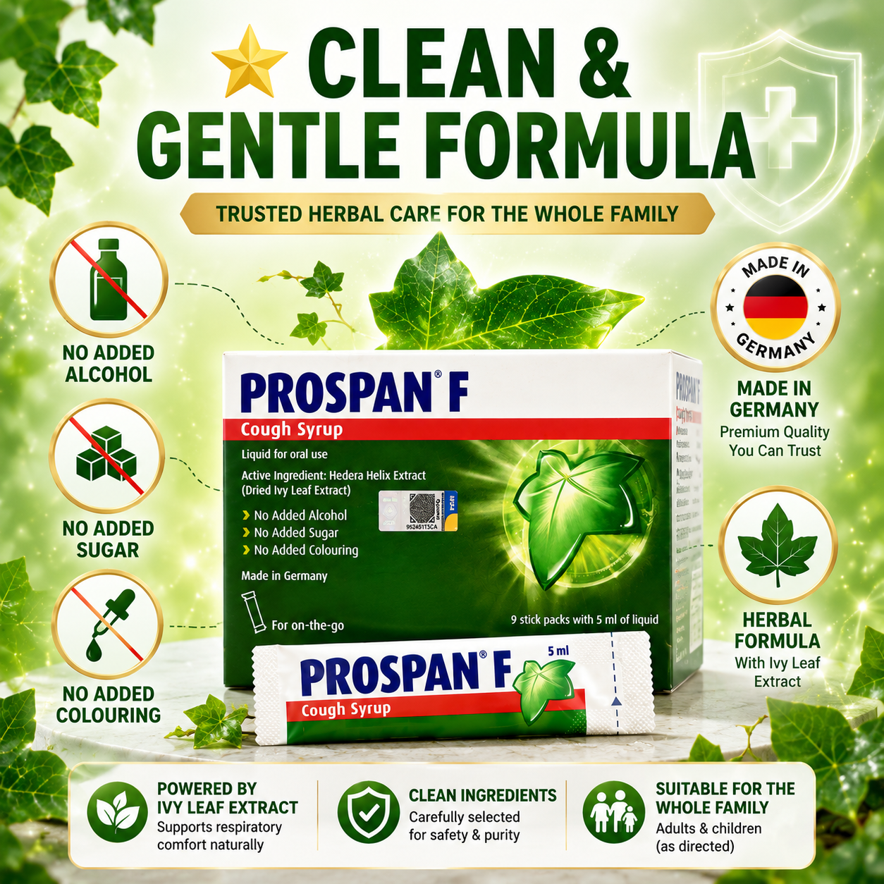 PROSPAN F Cough Syrup Stick Packs 9×5ml | Ivy Leaf Extract | No Alcohol
