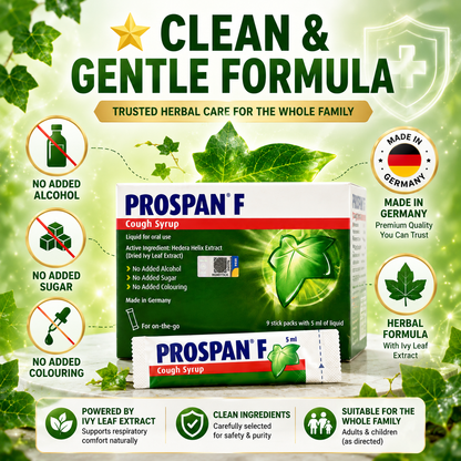 PROSPAN F Cough Syrup Stick Packs 9×5ml | Ivy Leaf Extract | No Alcohol