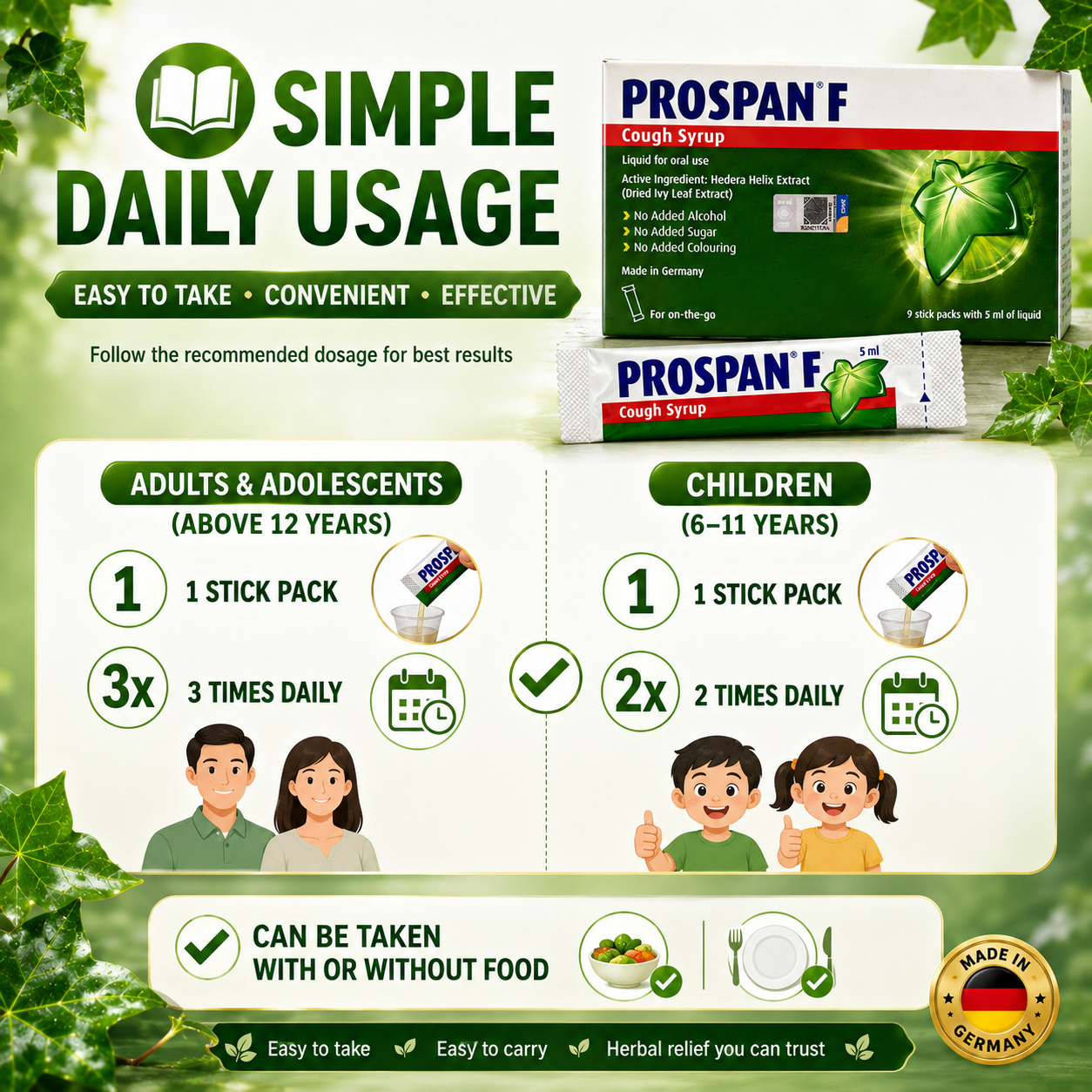 PROSPAN F Cough Syrup Stick Packs 9×5ml | Ivy Leaf Extract | No Alcohol