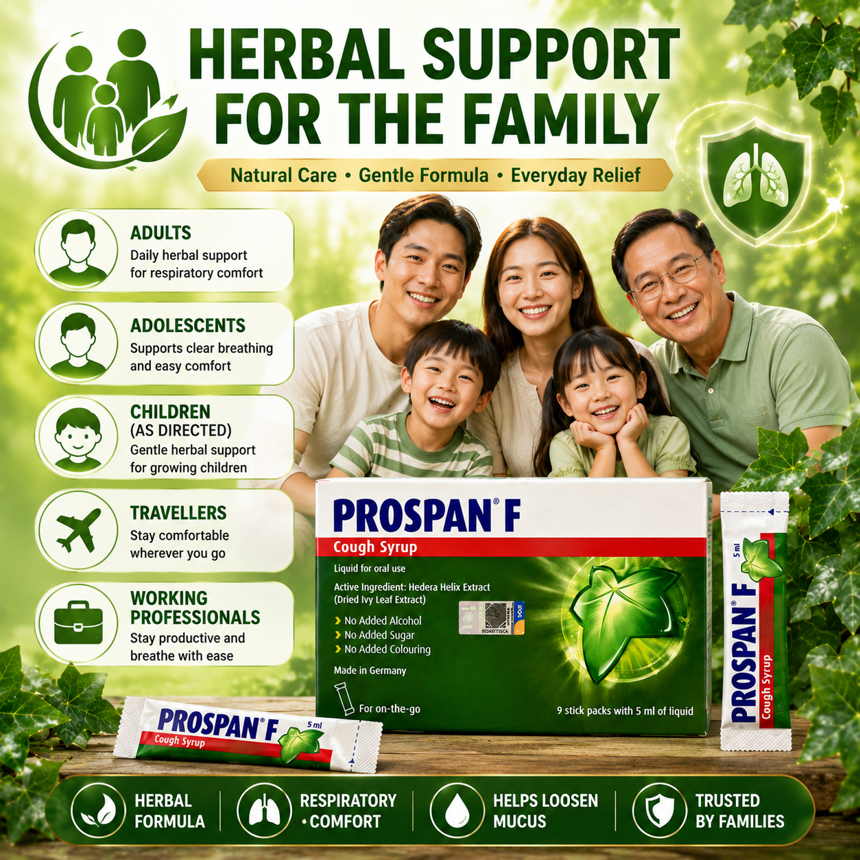 PROSPAN F Cough Syrup Stick Packs 9×5ml | Ivy Leaf Extract | No Alcohol