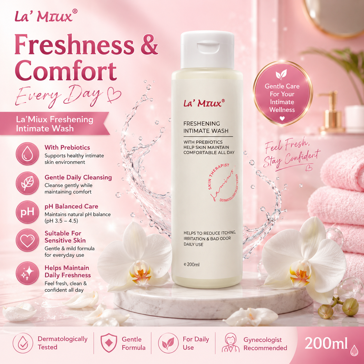 La’Miux Freshening Intimate Wash Unscented pH 3.5–4.5 Prebiotics