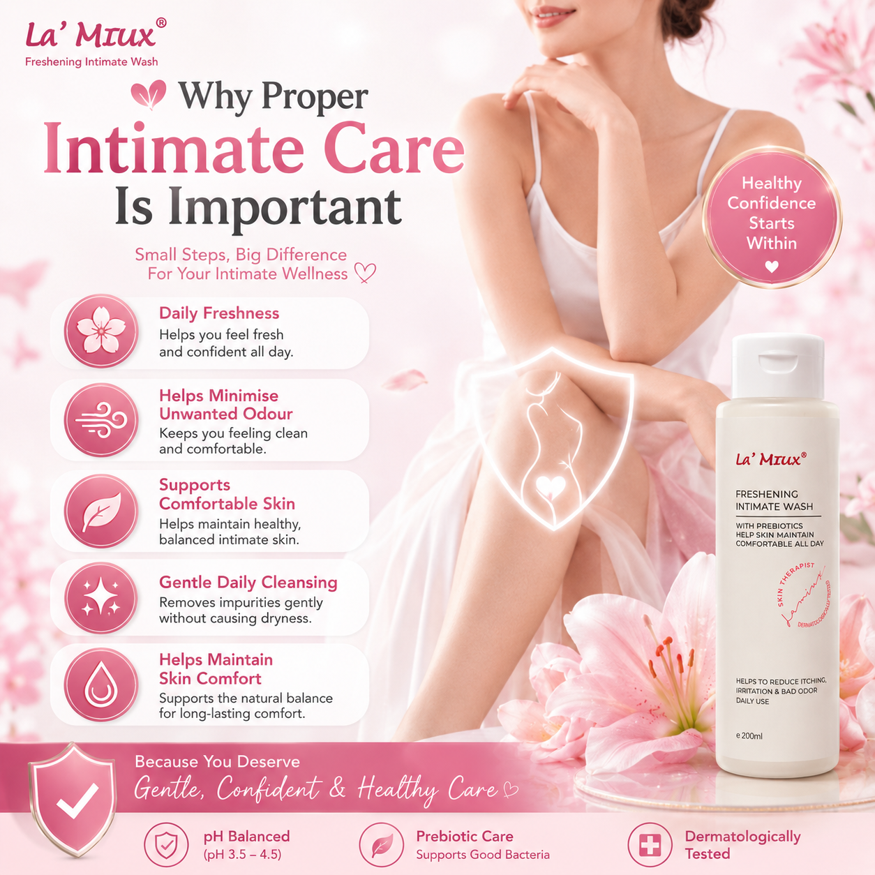 La’Miux Freshening Intimate Wash Unscented pH 3.5–4.5 Prebiotics