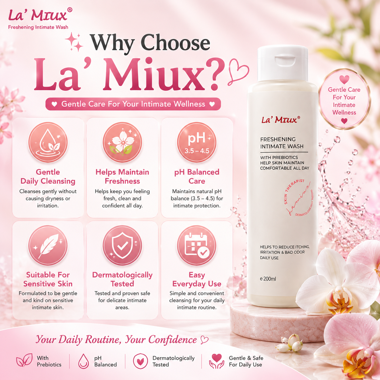 La’Miux Freshening Intimate Wash Unscented pH 3.5–4.5 Prebiotics