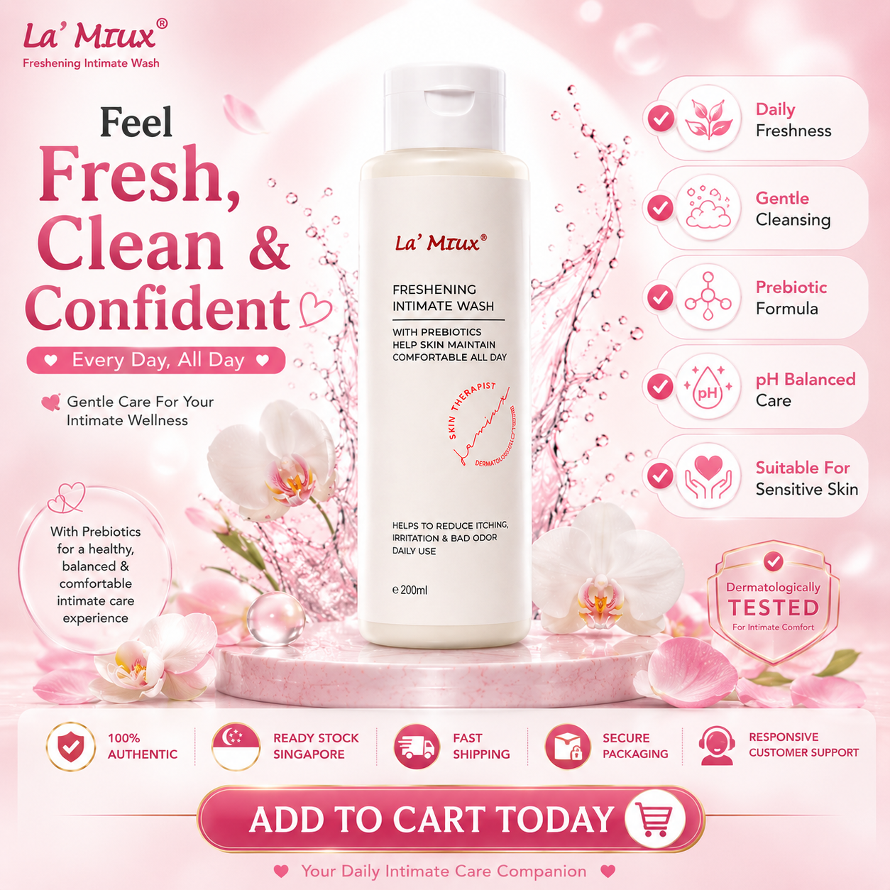 La’Miux Freshening Intimate Wash Unscented pH 3.5–4.5 Prebiotics