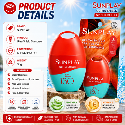 SUNPLAY Ultra Shield UV Lotion SPF130 PA++++ 35g | Face & Body Sunscreen | Water Resistant | Outdoor Sun Protection