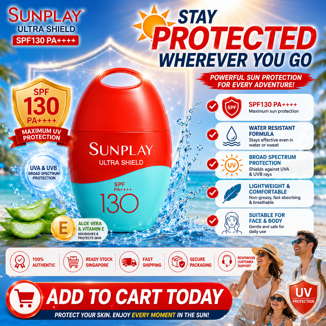 SUNPLAY Ultra Shield UV Lotion SPF130 PA++++ 35g | Face & Body Sunscreen | Water Resistant | Outdoor Sun Protection