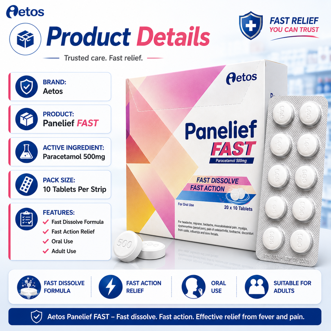 Aetos Panelief FAST Paracetamol 500mg (10 Tabs) – Fast Dissolve, Fast Action