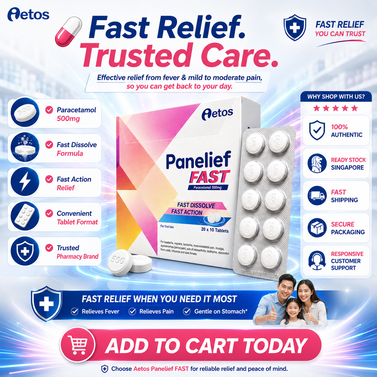 Aetos Panelief FAST Paracetamol 500mg (10 Tabs) – Fast Dissolve, Fast Action