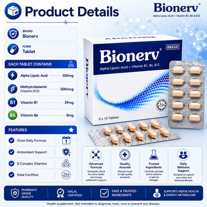 Bionerv Alpha Lipoic Acid + Vitamin B1 B6 B12 | Nerve Support | 60s