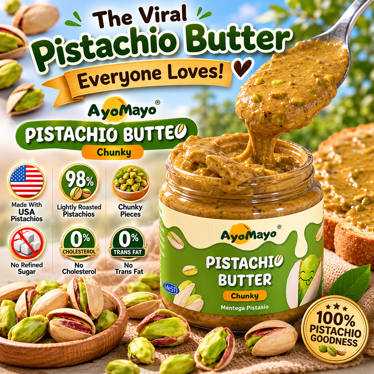 AyoMayo Pistachio Butter Chunky 90g | 100% USA Pistachios