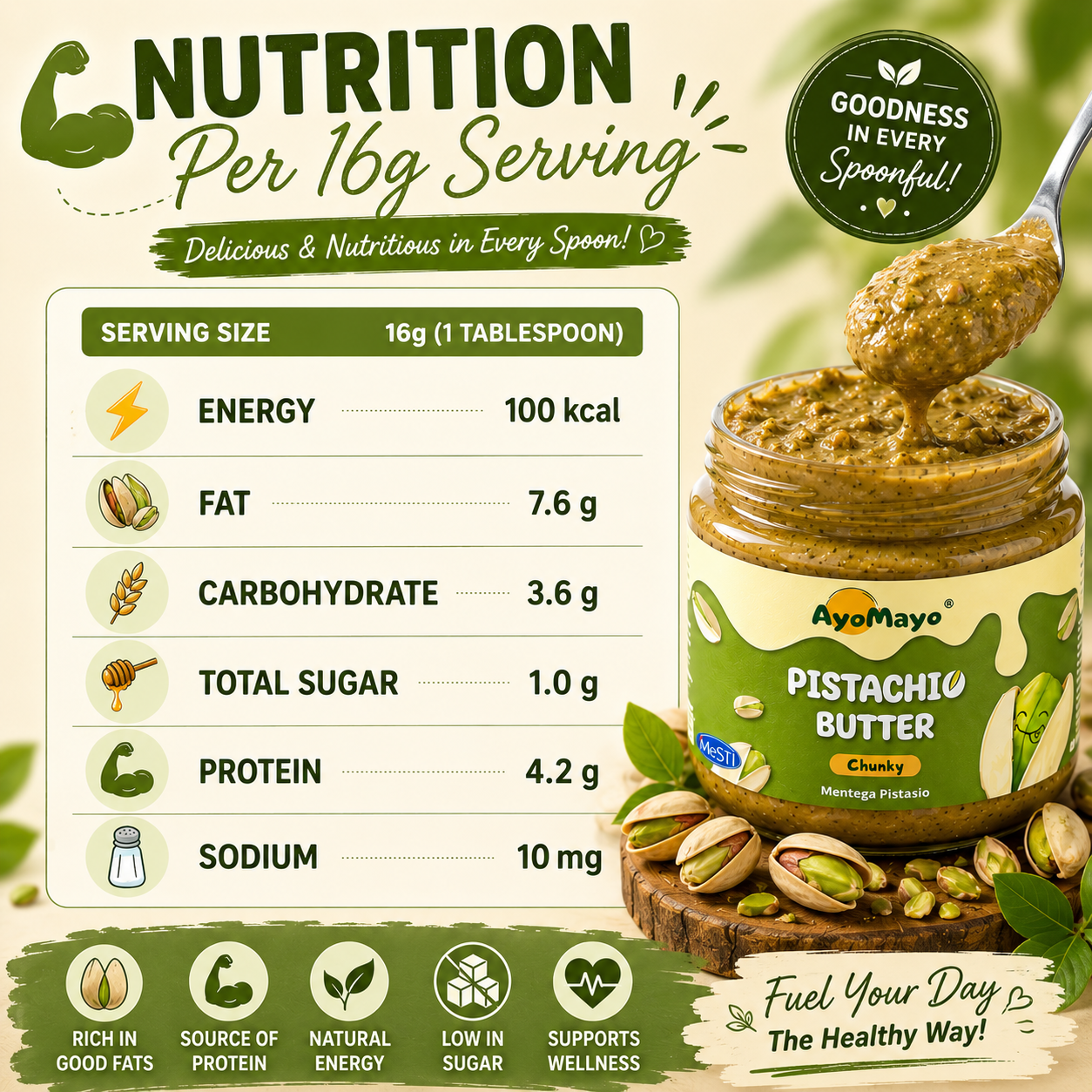 AyoMayo Pistachio Butter Chunky 90g | 100% USA Pistachios