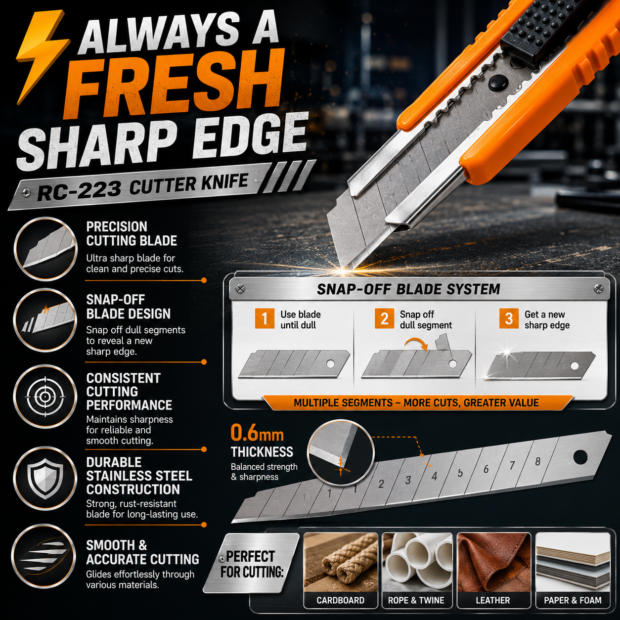 RC-223 Cutter Knife | Heavy Duty Utility Cutter | Snap-Off Blade | Multi-Purpose Cutting Tool