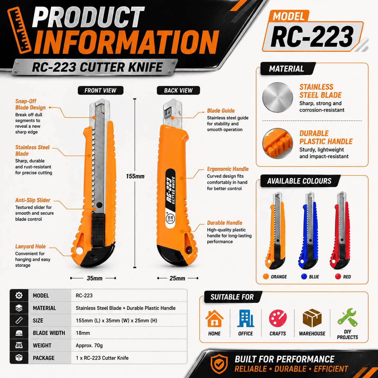 RC-223 Cutter Knife | Heavy Duty Utility Cutter | Snap-Off Blade | Multi-Purpose Cutting Tool