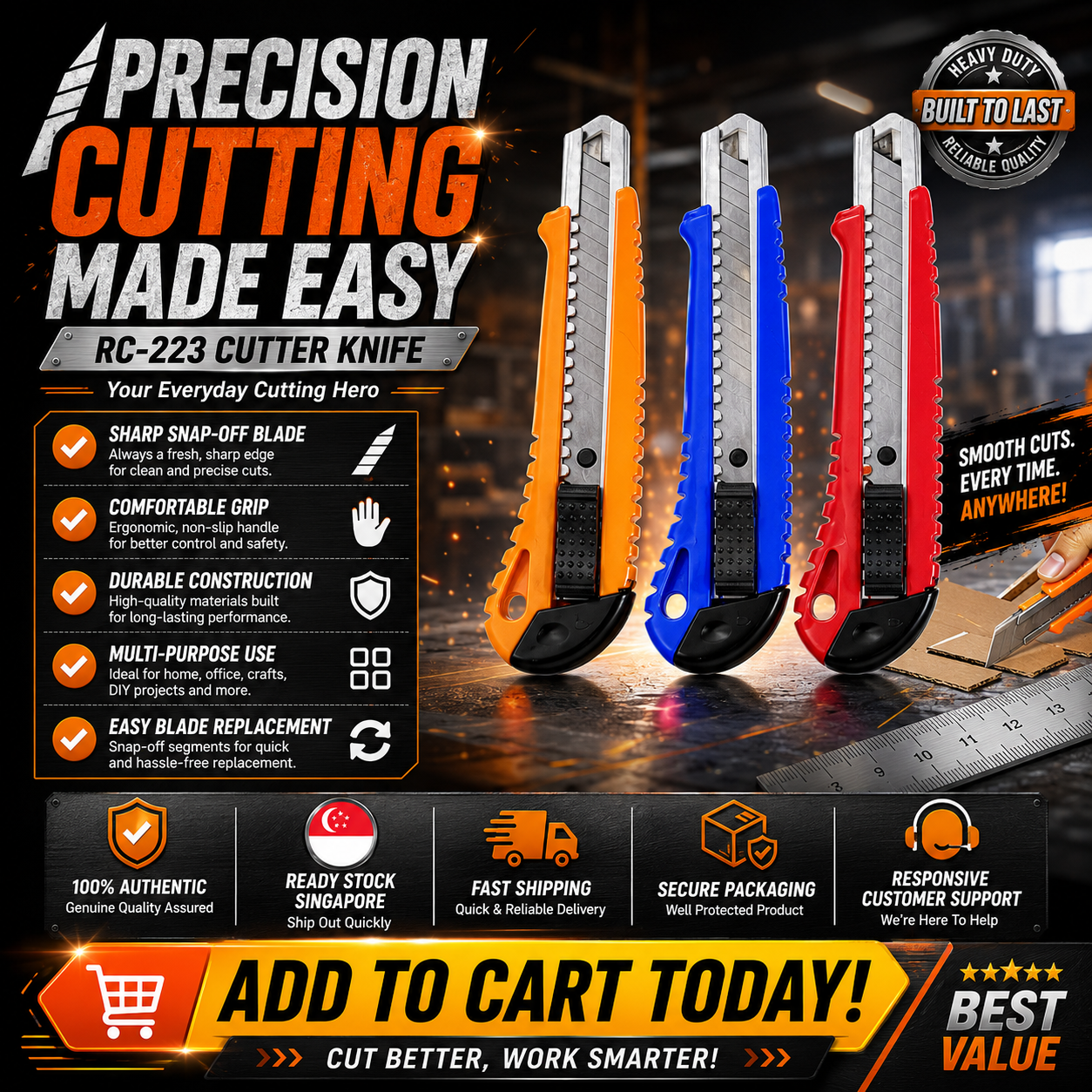 RC-223 Cutter Knife | Heavy Duty Utility Cutter | Snap-Off Blade | Multi-Purpose Cutting Tool