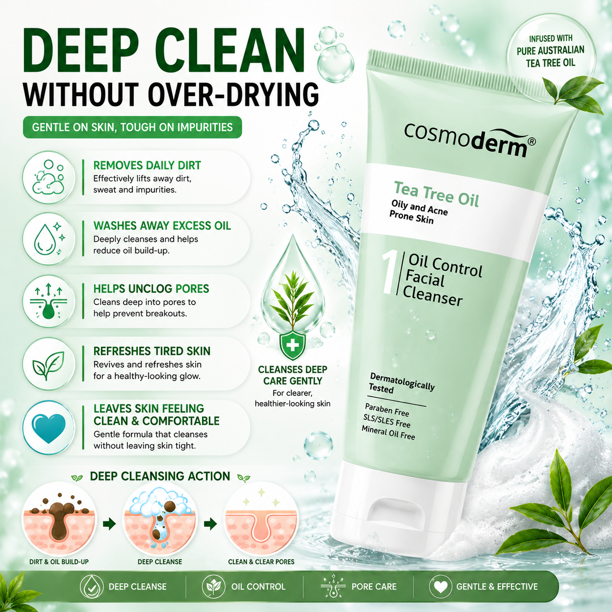 Cosmoderm Tea Tree Oil Control Facial Cleanser 125ml – For Oily & Acne Skin
