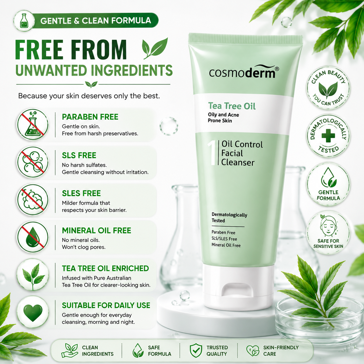 Cosmoderm Tea Tree Oil Control Facial Cleanser 125ml – For Oily & Acne Skin