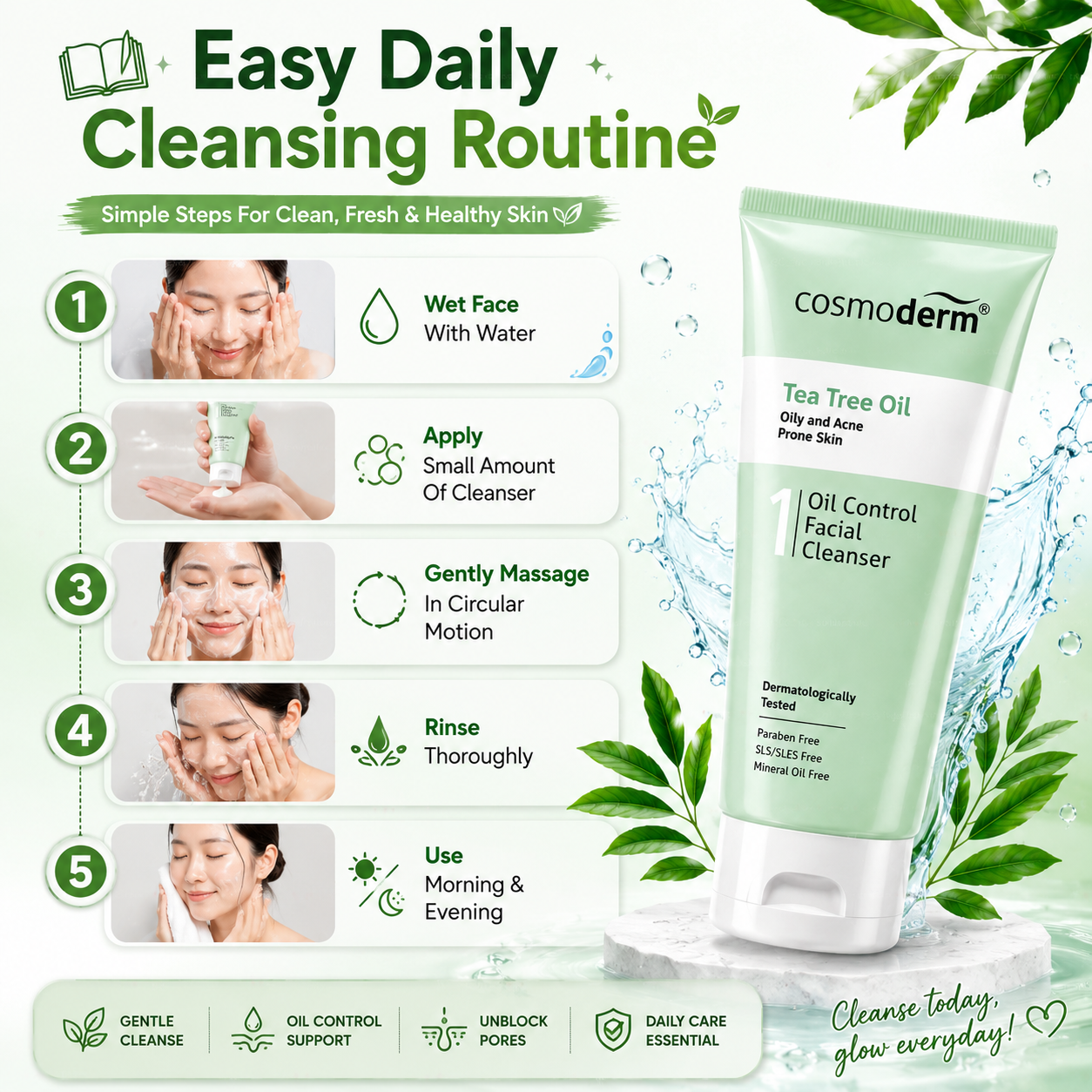 Cosmoderm Tea Tree Oil Control Facial Cleanser 125ml – For Oily & Acne Skin