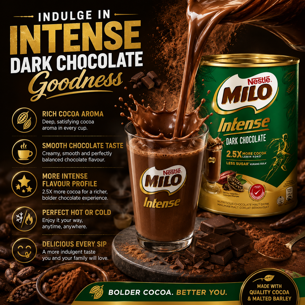 Nestlé Milo Intense Dark Chocolate 400g | 2.5X More Cocoa, Less Sugar