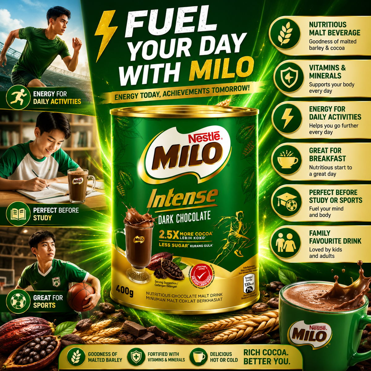 Nestlé Milo Intense Dark Chocolate 400g | 2.5X More Cocoa, Less Sugar