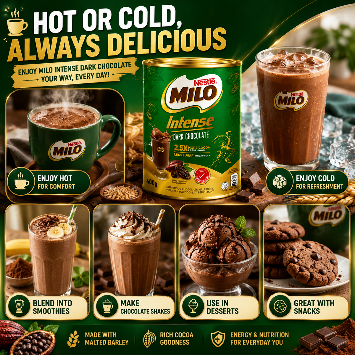 Nestlé Milo Intense Dark Chocolate 400g | 2.5X More Cocoa, Less Sugar