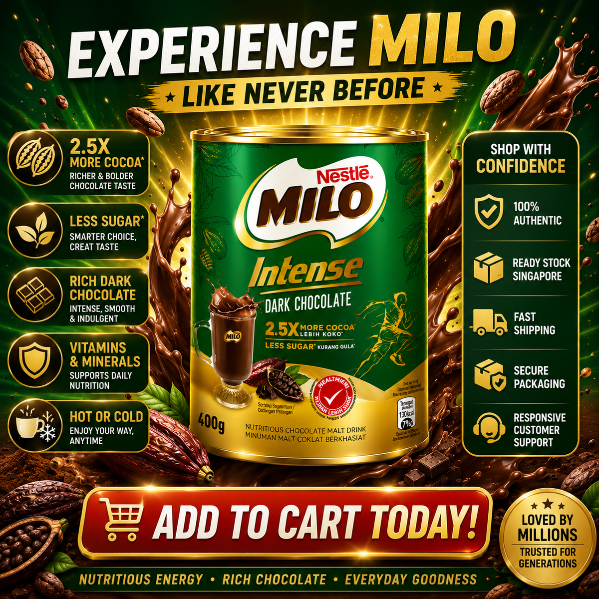 Nestlé Milo Intense Dark Chocolate 400g | 2.5X More Cocoa, Less Sugar