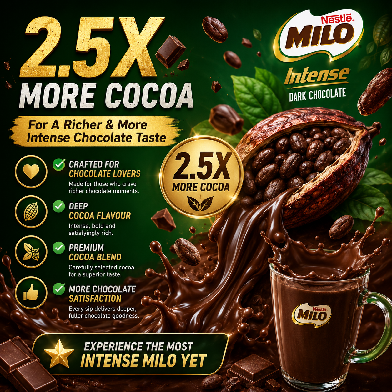 Nestle Milo Intense Dark Chocolate 2.5X More Cocoa Less Sugar Nutritious Malt