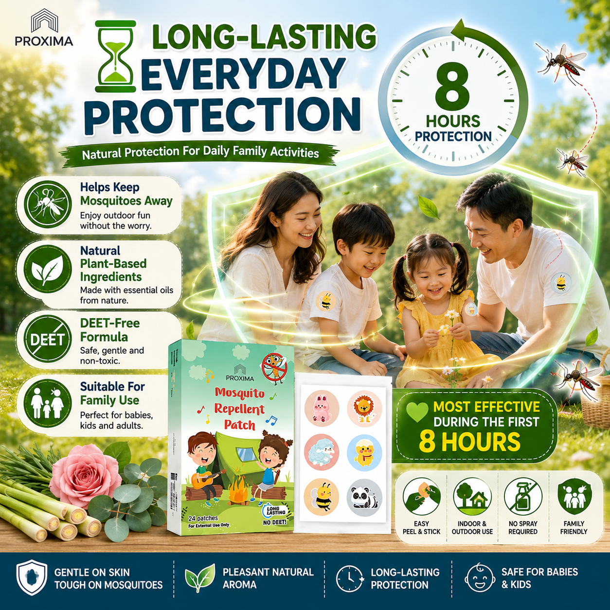 Mosquito Repellent Patch | No DEET | Baby-Friendly | Long-Lasting (24 Patches)