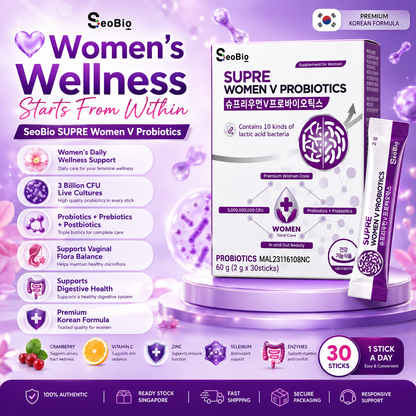 SUPRE WOMEN V PROBIOTICS + PREBIOTICS + POSTBIOTICS | Women’s Health Supplement | Vaginal + Gut Care | 3 Billion CFU