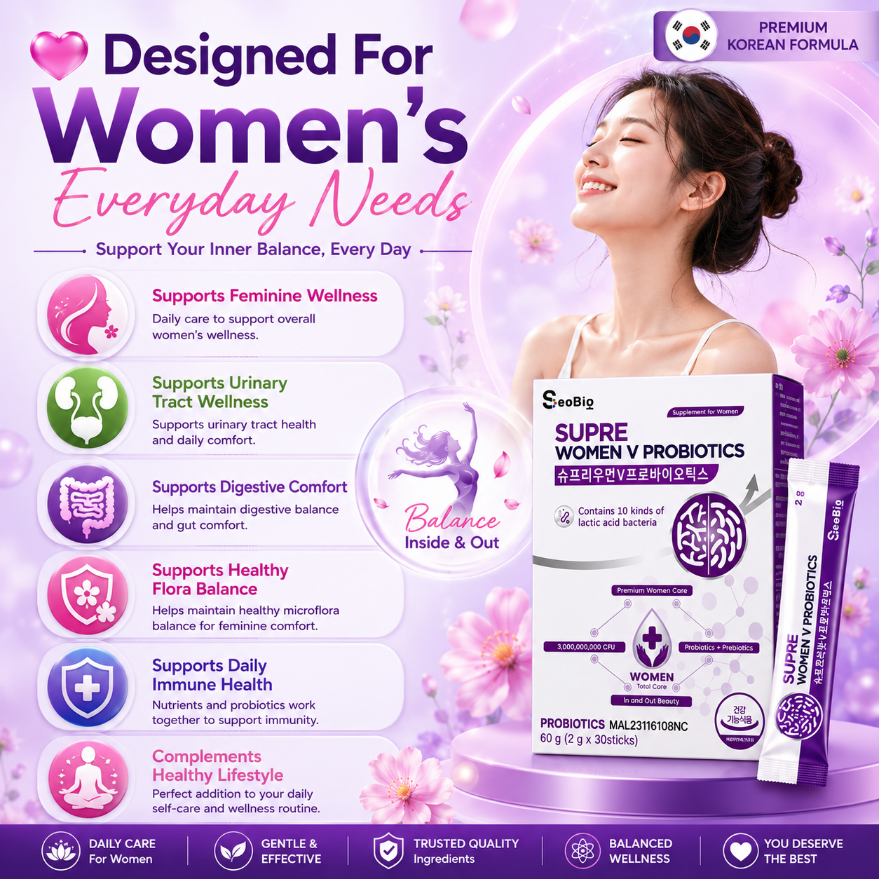 SUPRE WOMEN V PROBIOTICS + PREBIOTICS + POSTBIOTICS | Women’s Health Supplement | Vaginal + Gut Care | 3 Billion CFU