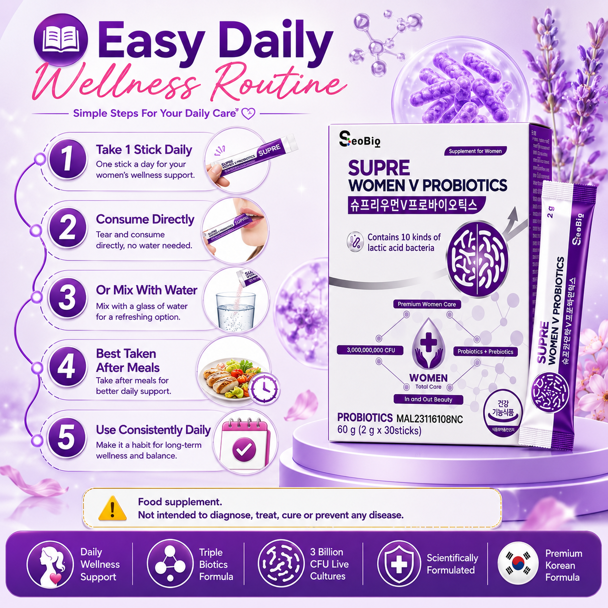 SUPRE WOMEN V PROBIOTICS + PREBIOTICS + POSTBIOTICS | Women’s Health Supplement | Vaginal + Gut Care | 3 Billion CFU