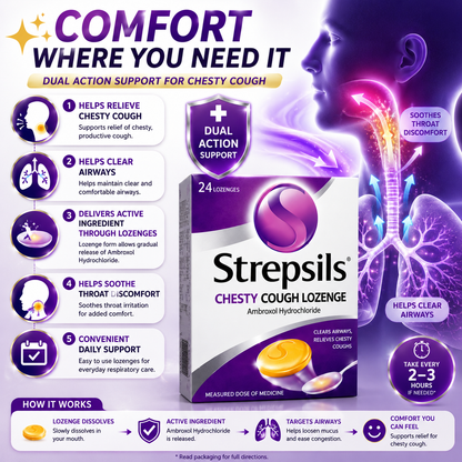 Strepsils Chesty Cough Lozenges 24s – Soothes Throat & Clears Mucus Fast