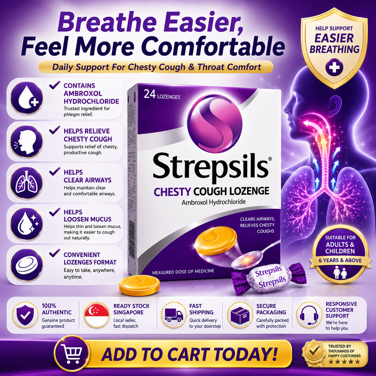 Strepsils Chesty Cough Lozenges 24s – Soothes Throat & Clears Mucus Fast