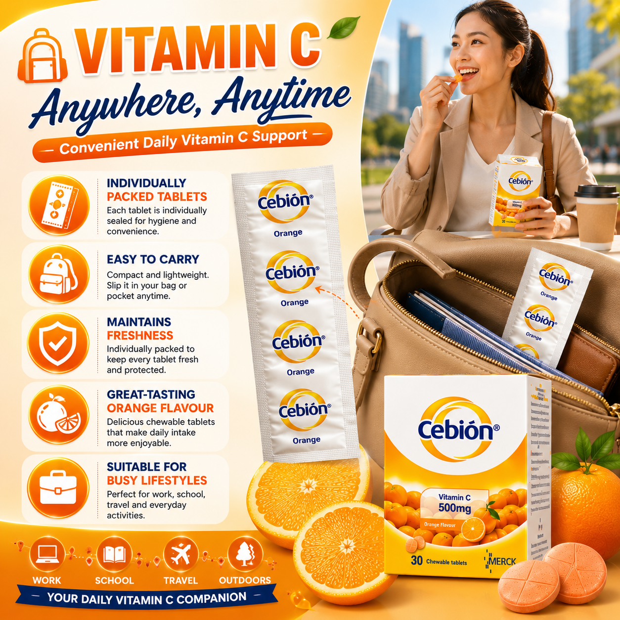Cebion Vitamin C 500mg Chewable Tablets Orange 30s | Immune Support