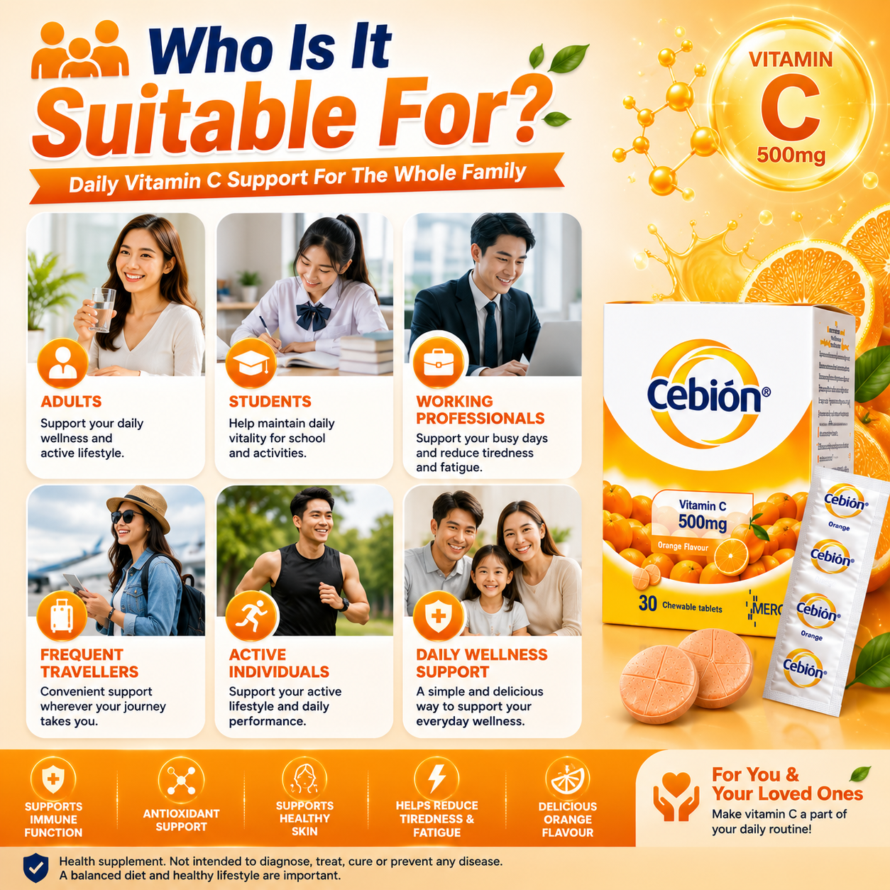 Cebion Vitamin C 500mg Chewable Tablets Orange 30s | Immune Support