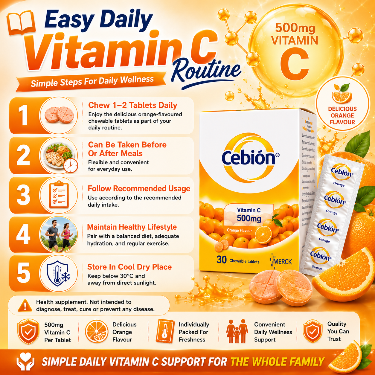 Cebion Vitamin C 500mg Chewable Tablets Orange 30s | Immune Support