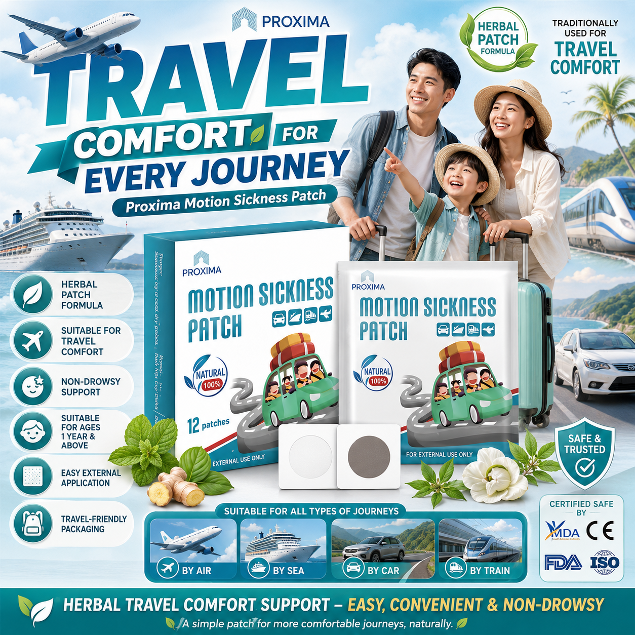 Motion Sickness Patch | Non-Drowsy Travel Relief | For Adults & Kids (12 pcs)