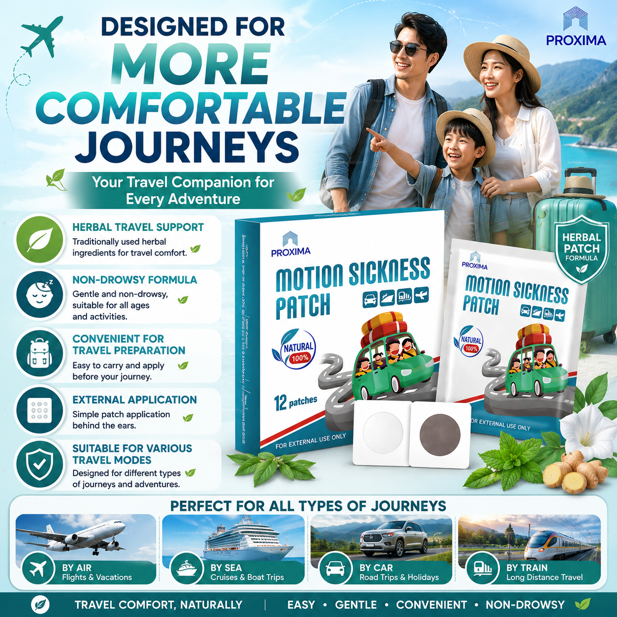 Motion Sickness Patch | Non-Drowsy Travel Relief | For Adults & Kids (12 pcs)