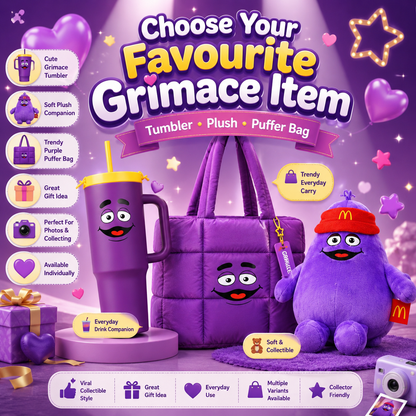 McDonald’s Grimace Exclusive Merch | Tumbler | Plush | Puffer Bag