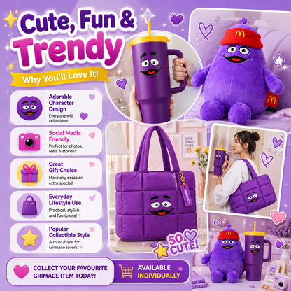 McDonald’s Grimace Exclusive Merch | Tumbler | Plush | Puffer Bag