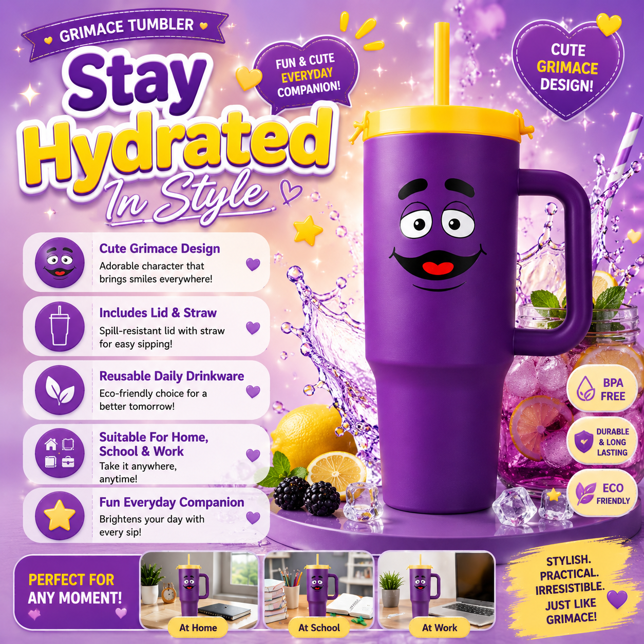 McDonald’s Grimace Exclusive Merch | Tumbler | Plush | Puffer Bag