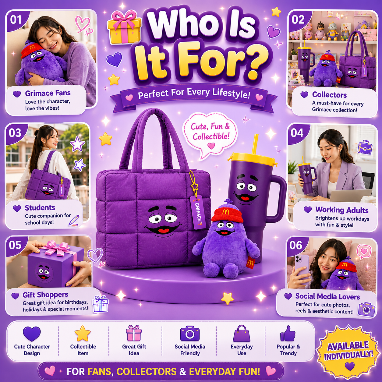 McDonald’s Grimace Exclusive Merch | Tumbler | Plush | Puffer Bag